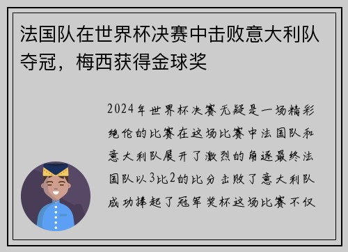 法国队在世界杯决赛中击败意大利队夺冠，梅西获得金球奖