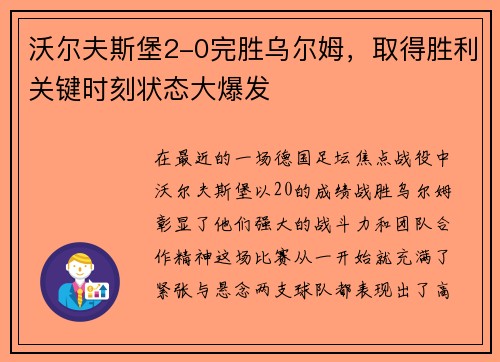 沃尔夫斯堡2-0完胜乌尔姆，取得胜利关键时刻状态大爆发