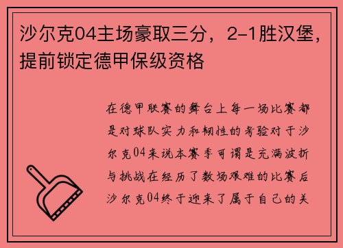 沙尔克04主场豪取三分，2-1胜汉堡，提前锁定德甲保级资格